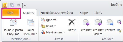 Programmā Outlook 2010 izvēlieties cilni Fails.