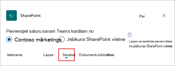 Atlasiet Saraksti, lai pievienotu sarakstus savam Teams kanālam.