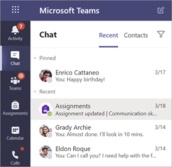 A student's private chats in Teams