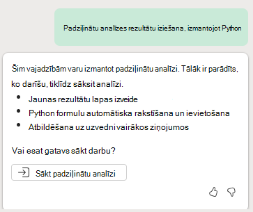 Ekrānuzņēmums, kurā redzama uzvedne, lai sāktu papildu analīzi ar Copilot programmā Excel Python.