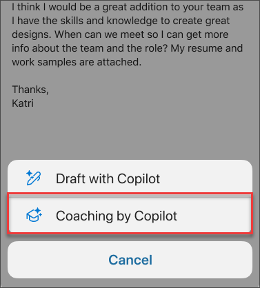 Izvēlnes opcija Coaching izmantojot Copilot programmā Outlook mobilajām ierīcēm