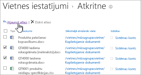 SharePoint 2013 2nd līmeņa atkritne ar iezīmētu atjaunošanas pogu