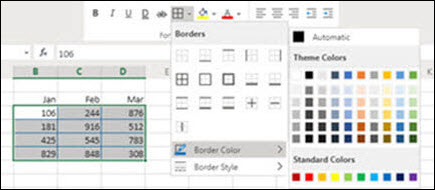 Apmales krāsu pievienošana programmā Excel tīmeklim