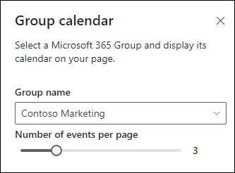 Izvēle, cik notikumus rādīt no atlasītā Microsoft 365 grupas kalendāra.