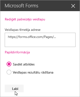 Kad ir izveidota jauna veidlapa, Microsoft Forms tīmekļa daļas panelī tiek rādīta veidlapas tīmekļa adrese.