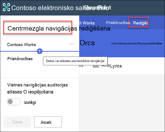 ekrānuzņēmums ar centrmezgla navigācijas rediģēšanu