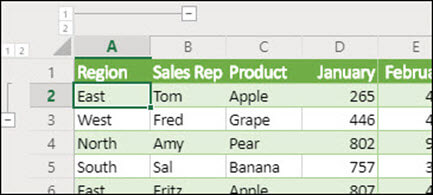 Programmā Excel tīmeklī lietojiet rindu un kolonnu strukturējuma līmeņus no datu grupas/atgrupēt.