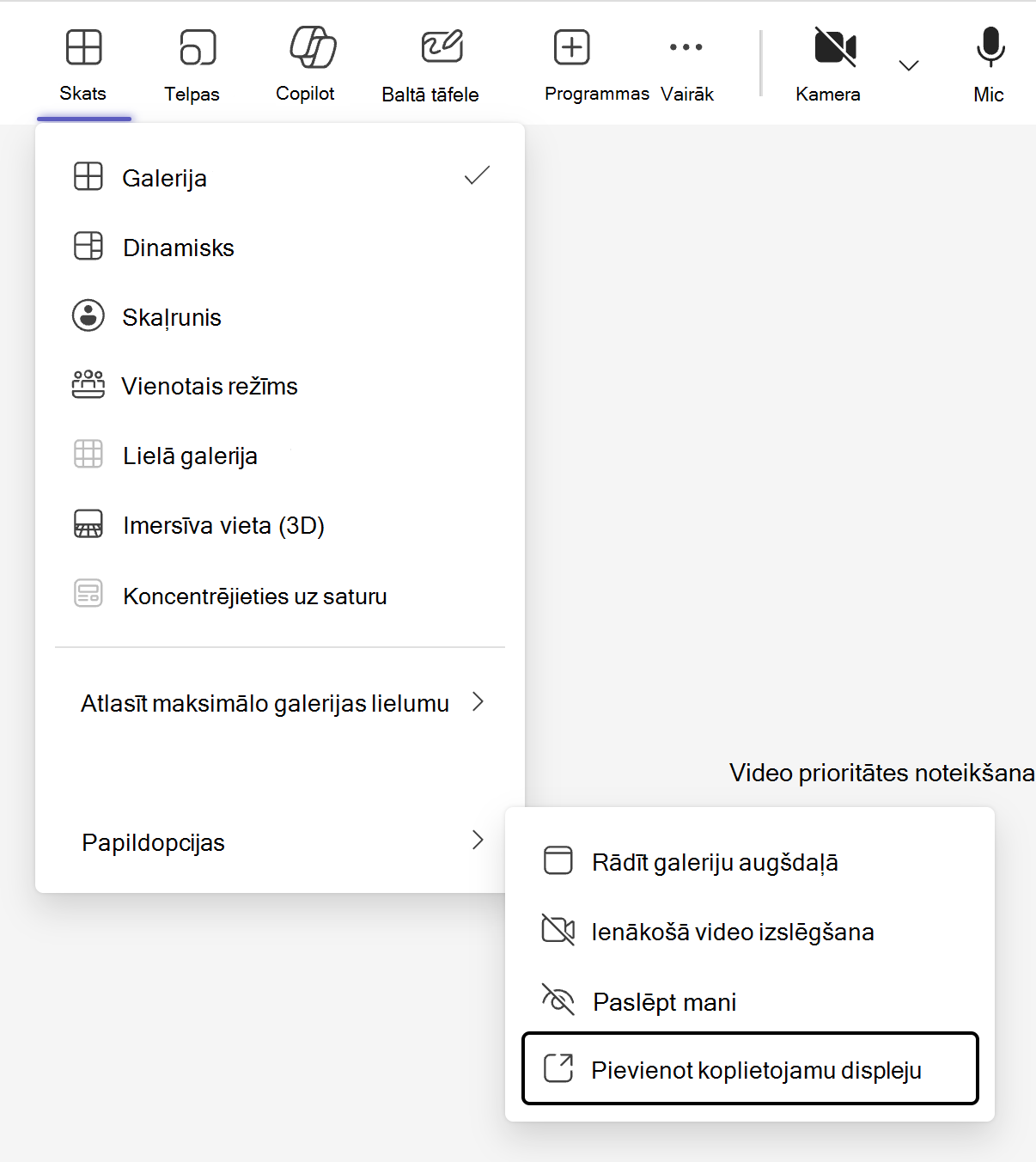 Skatu pārslēdzējs, kas apzīmēts ar pogu "Skats" Teams sapulču izvēļņu joslā, satur opciju pievienot koplietojamo attēlojuma režīmu apakšizvēlnē "Papildu opcijas".