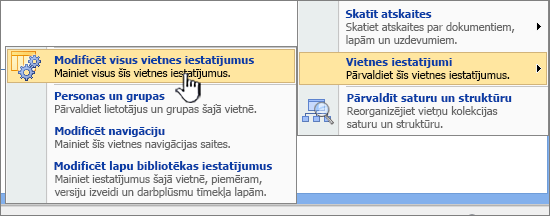 Opcija modificēt visus vietnes iestatījumus sadaļā vietnes iestatījumi