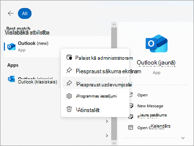 Ekrānuzņēmums, kurā redzama programma Outlook sākuma ekrānā ar piespraust uzdevumjoslai