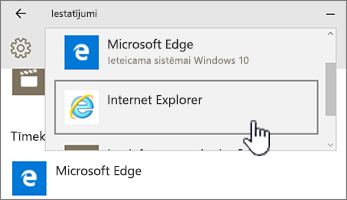 Atlasīta pārlūkprogramma Microsoft Edge vai IE sadaļā Noklusējuma programmas
