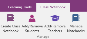 Klases piezīmju grāmatiņas programmā OneNote lente ar izveidot mācību priekšmetu piezīmju grāmatiņu, pievienot/noņemt studentiem, pasniedzējiem pievienot/noņemt un pārvaldītu piezīmju grāmatiņas ikonas.