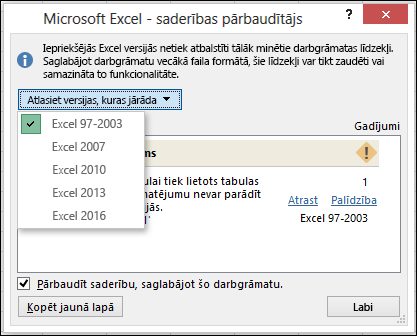 Excel saderības pārbaudītāja dialogs