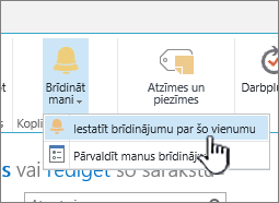 SharePoint 2016 brīdinājuma iestatīšana vienumam, kurā atlasīts vienums