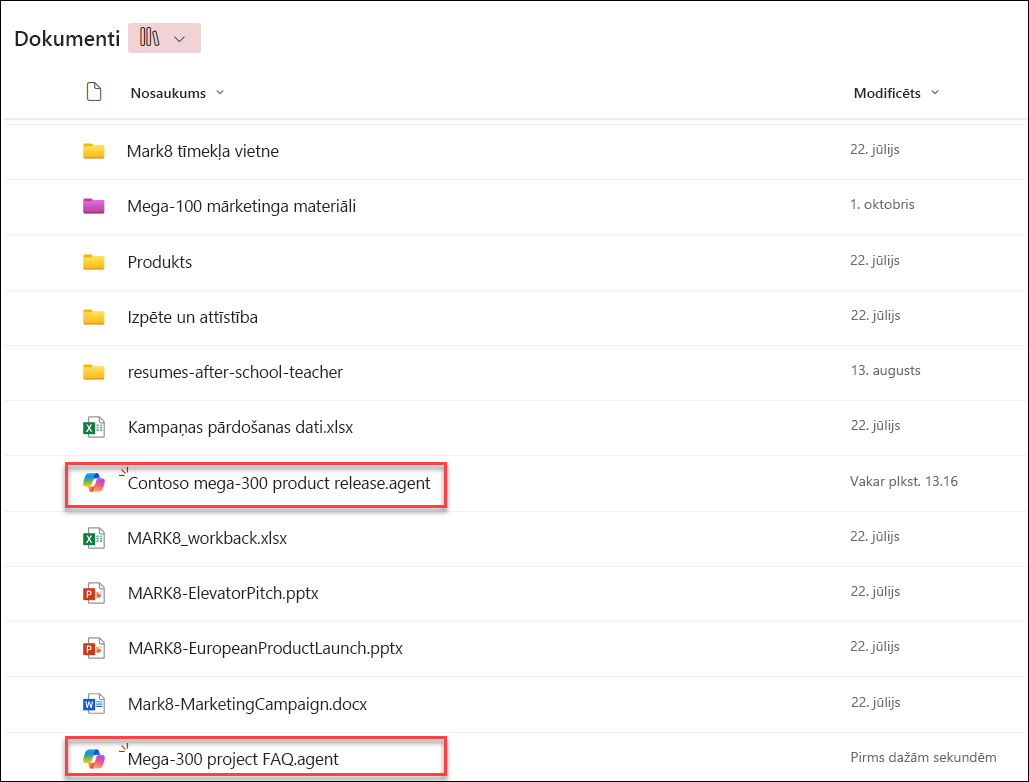 Ekrānuzņēmums, kurā redzami Copilot aģenti, kas saglabāti pašreizējās dokumentu bibliotēkas mapē