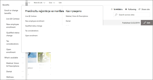 MegaMenu navigācijas piemērs mūsdienīgai centrmezgla vietnei pakalpojumā SharePoint Online