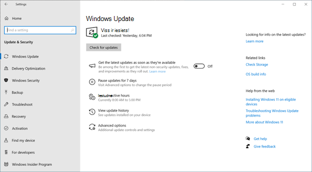 Ekrānuzņēmums Windows Update