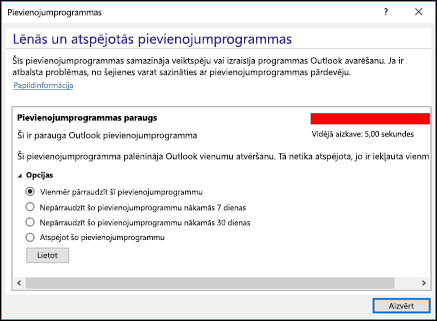 Outlook pievienojumprogrammu atspējošana