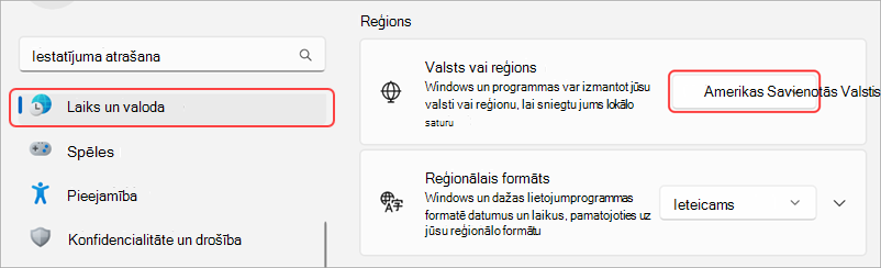 Reģionālie iestatījumi Windows ierīcē.