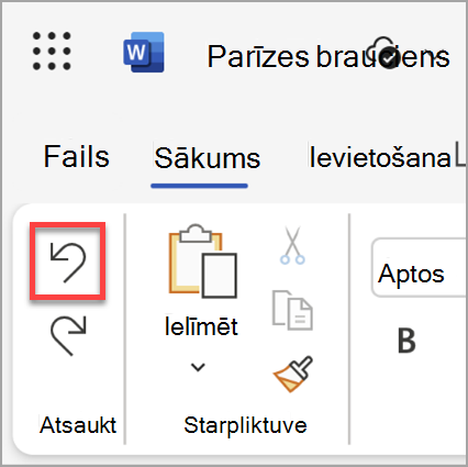 Poga Atsaukt programmā Microsoft Word darbam tīmeklī.