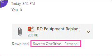 Lejupielādes saite pielikuma saglabāšanai pakalpojumā OneDrive.