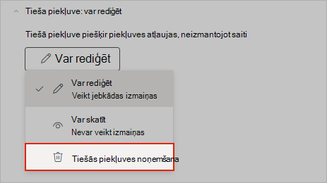 OneNote ekrānuzņēmums, kurā parādīts, kā noņemt tiešo koplietošanas piekļuvi