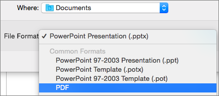 Parāda PDF opciju sarakstā Failu formāti dialogā Saglabāt kā programmā PowerPoint 2016 for Mac.