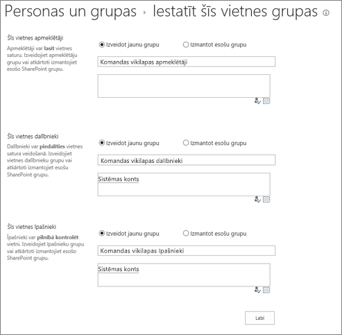 Set up groups for site dialog box