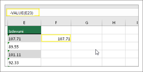 Izmantojiet funkciju VALUE programmā Excel.