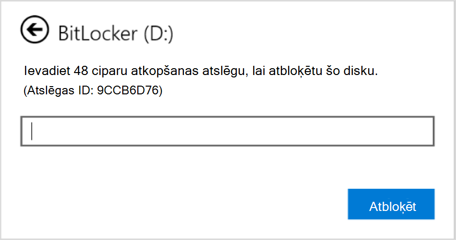 Ekrānuzņēmums ar dialoglodziņu, kurā var ievadīt BitLocker atkopšanas failu datu diskam.