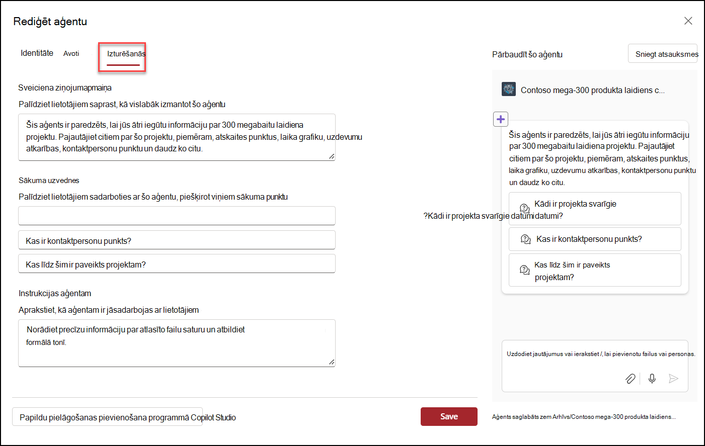 Ekrānuzņēmums, kurā redzama Copilot aģenta uzvedības rediģēšana
