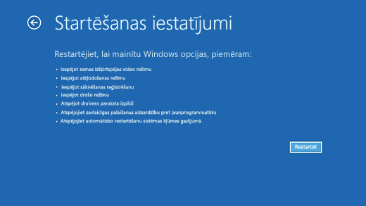 Startēšanas iestatījumu ekrāns Windows atkopšanas vidē.