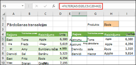Funkcija FILTER programmā Excel tīmeklim