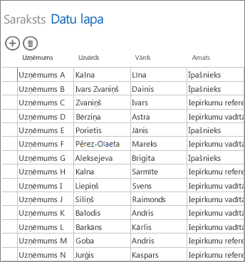 datu lapas skatā parādītie tabulas dati