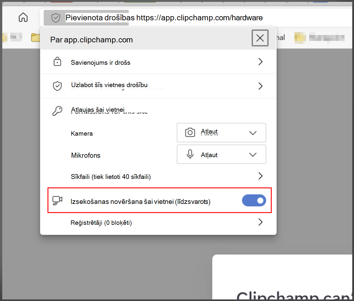 Microsoft Edge pievienota drošība, baltais saraksts Clipchamp 2