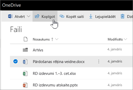 OneDrive ar atlasītu failu un pogu kopīgot