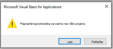 Ekrānuzņēmums, kurā redzama kļūda logā Microsoft Visual Basic for Applications