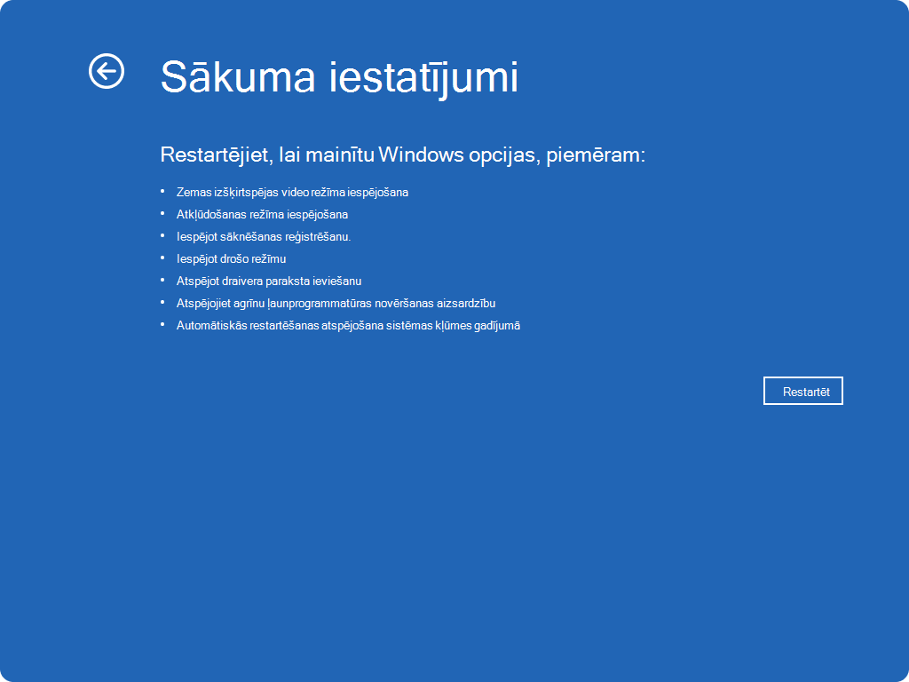 Windows RE startēšanas iestatījumu ekrānuzņēmums.