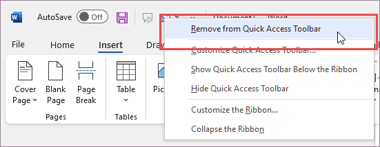 Remove command from Quick Access Toolbar