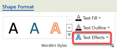 Lai WordArt objektam pievienotu vizuālu efektu, atlasiet to un cilnē Formas formatēšana atlasiet Teksta efekti.
