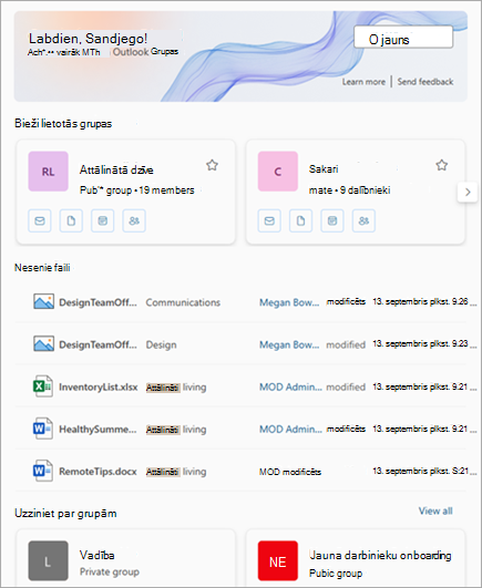 Bieži lietotajām grupām un neseniem failiem var piekļūt, izmantojot Grupas pieredzi programmā Outlook.