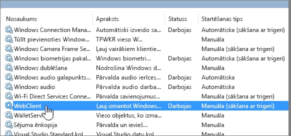 Services.msc ar iezīmētu webclient