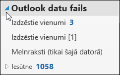 Lai atvērtu Outlook datu failu, izvēlieties blakus tam vērsto bultiņu.