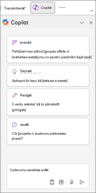 Ierakstiet Izvilkt uzdevumu sarakstu Programmas OneNote rūtī Kopilots