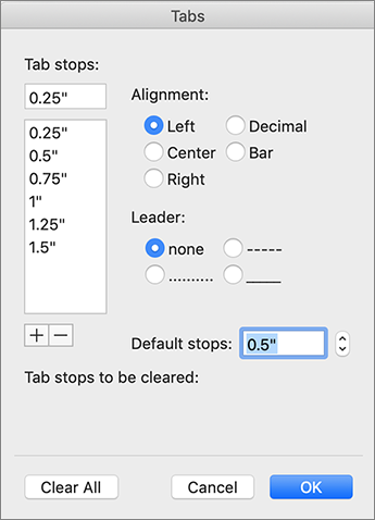 Mac tab's dialog box