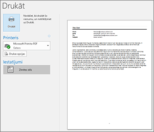 Outlook e-pasta ziņojuma drukas priekšskatījums