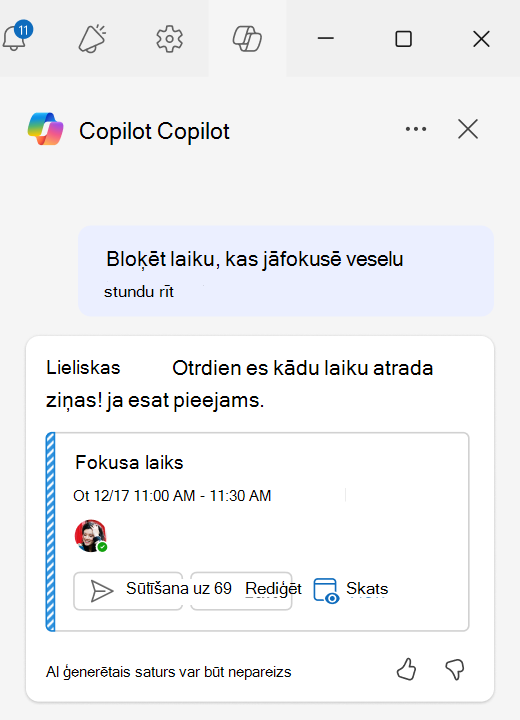 Ekrānuzņēmums, kurā parādīts, kā izmantot fokusa blokus, izmantojot tērzēšanu ar palīdzību plānošanu programmā Outlook.