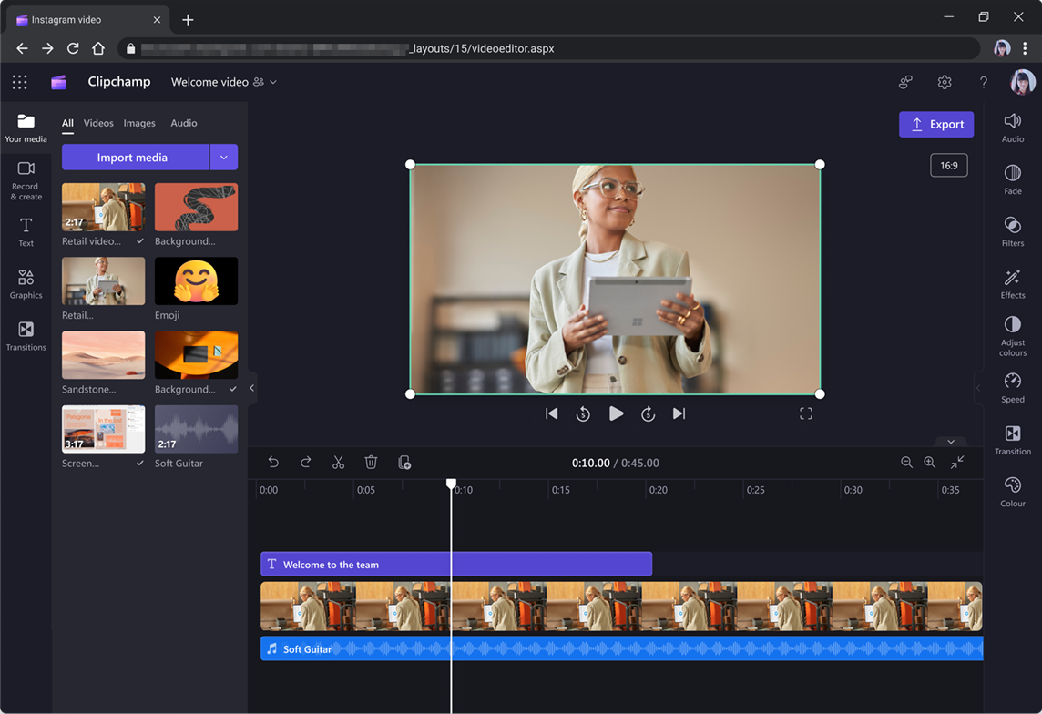 Video rediģēšana lietojumprogrammā Clipchamp darbam ar darba kontiem