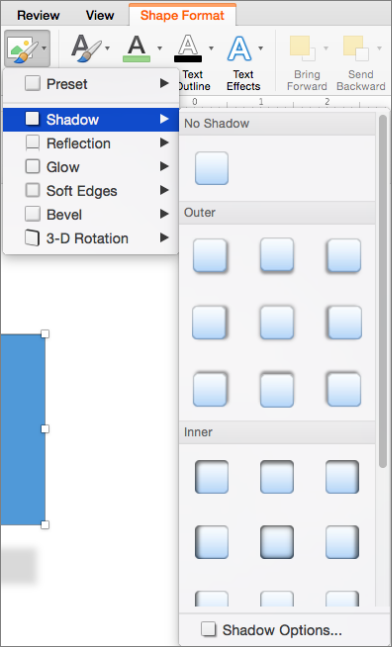 Shadow options on the Shape Effects menu