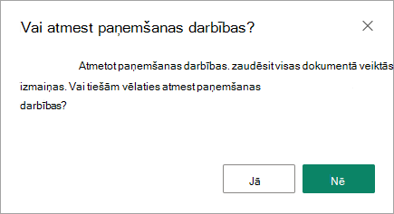 Paņemšanas atmešanas dialoglodziņš ir pēdējā iespēja saglabāt veiktās izmaiņas vai tās zaudēt.